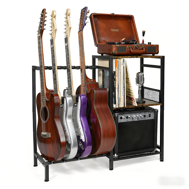 Guitar Stand with 3-Tier Vinyl Record Storage Shelf