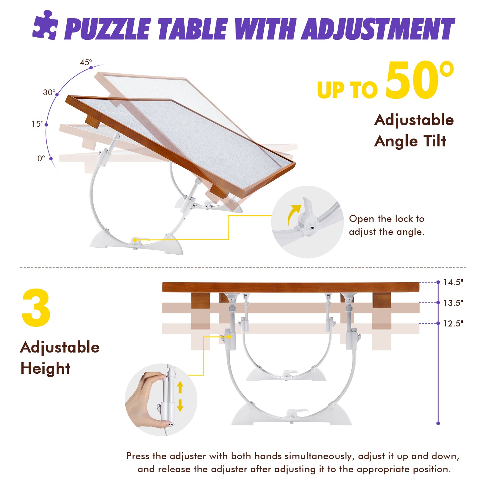 Wooden Portable Folding Tilting Puzzle Table with 4 Sorting Trays