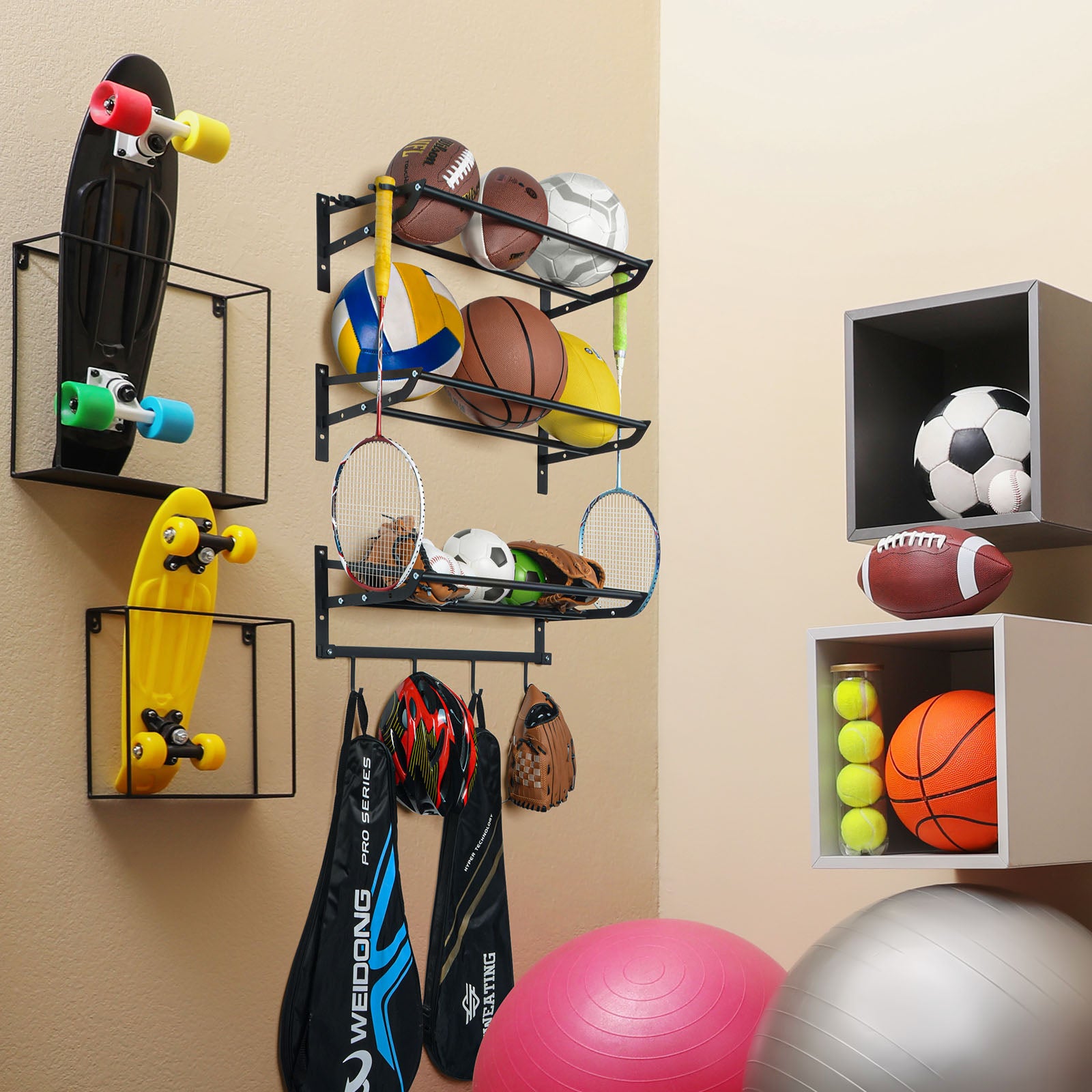 Sports Equipment Storage Rack with 4 Hooks (3 Separate Shelf) – ikkle Home