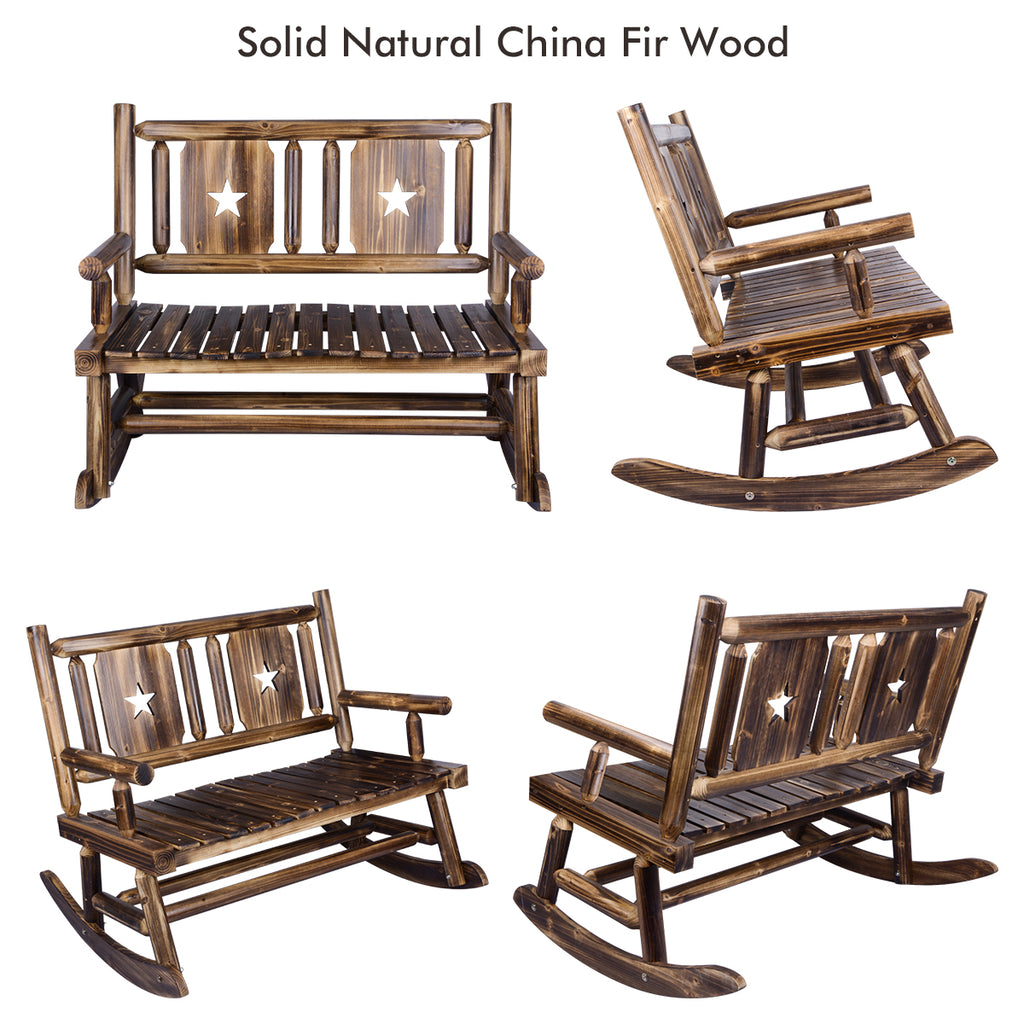 Wood Bench Rocker Outdoor Wooden Rocking Bench for 2 Persons, Rustic Log Patio Porch Ben ...